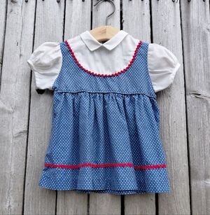 Vintage 70s handmade red rickrack & blue polka dot print cotton dress 24 M